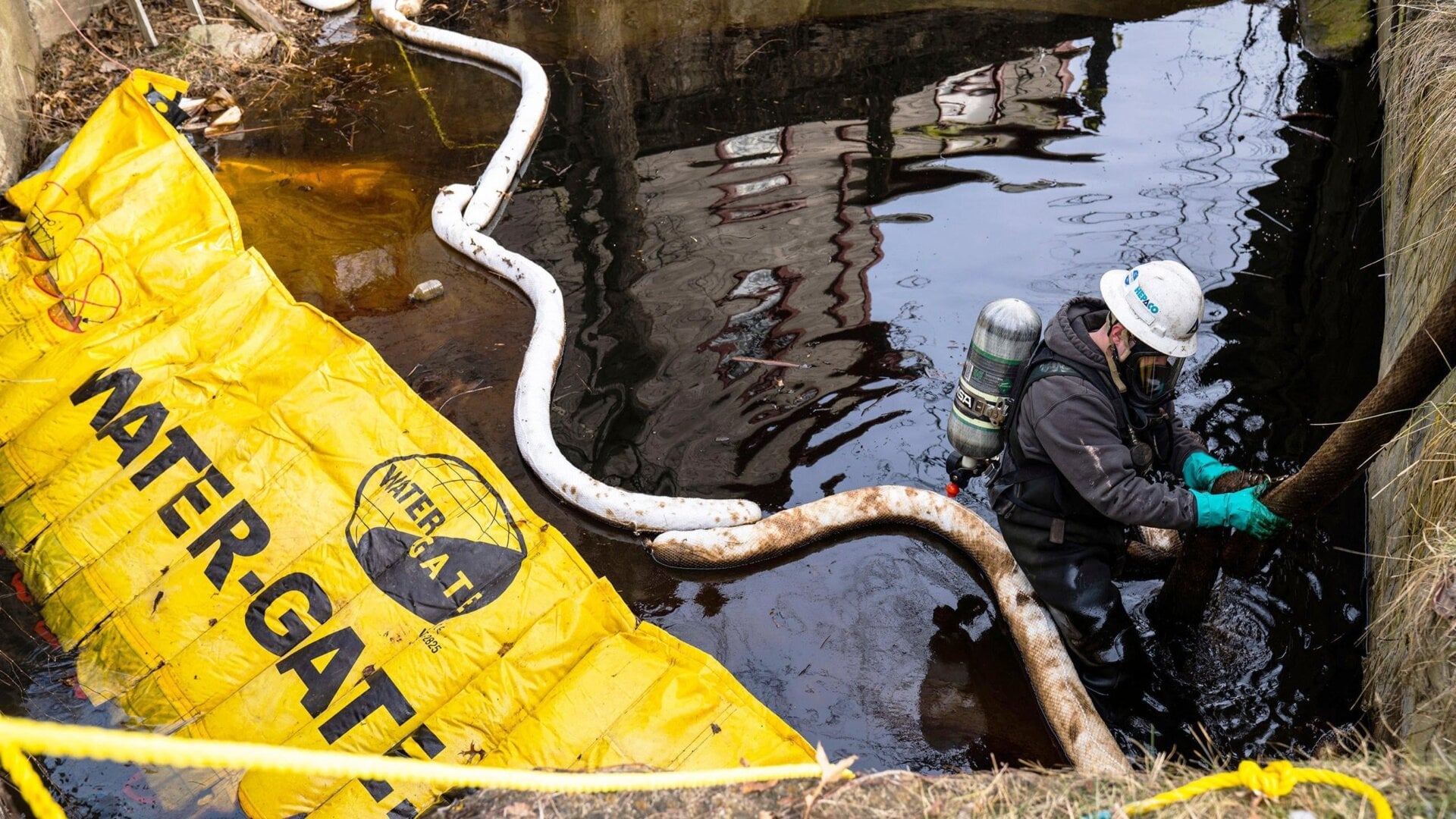 A worker at the derailment cleanup site in East Palestine, Ohio, on February 5, 2023.