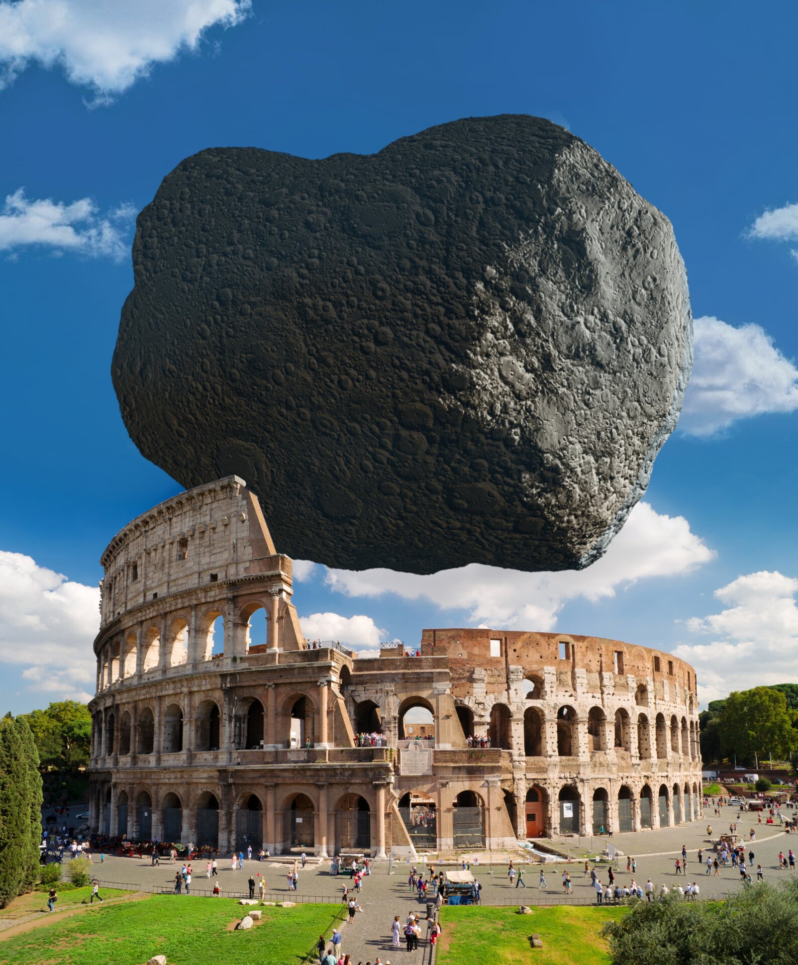 An artist’s concept of Dimorphos and the Colosseum. The newly discovered asteroid is about the same size.