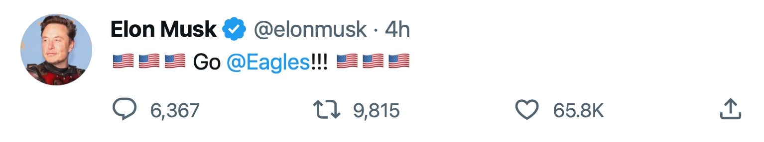 Elon’s deleted Eagles tweet, as captured by the Internet Archive and many other Twitter users.