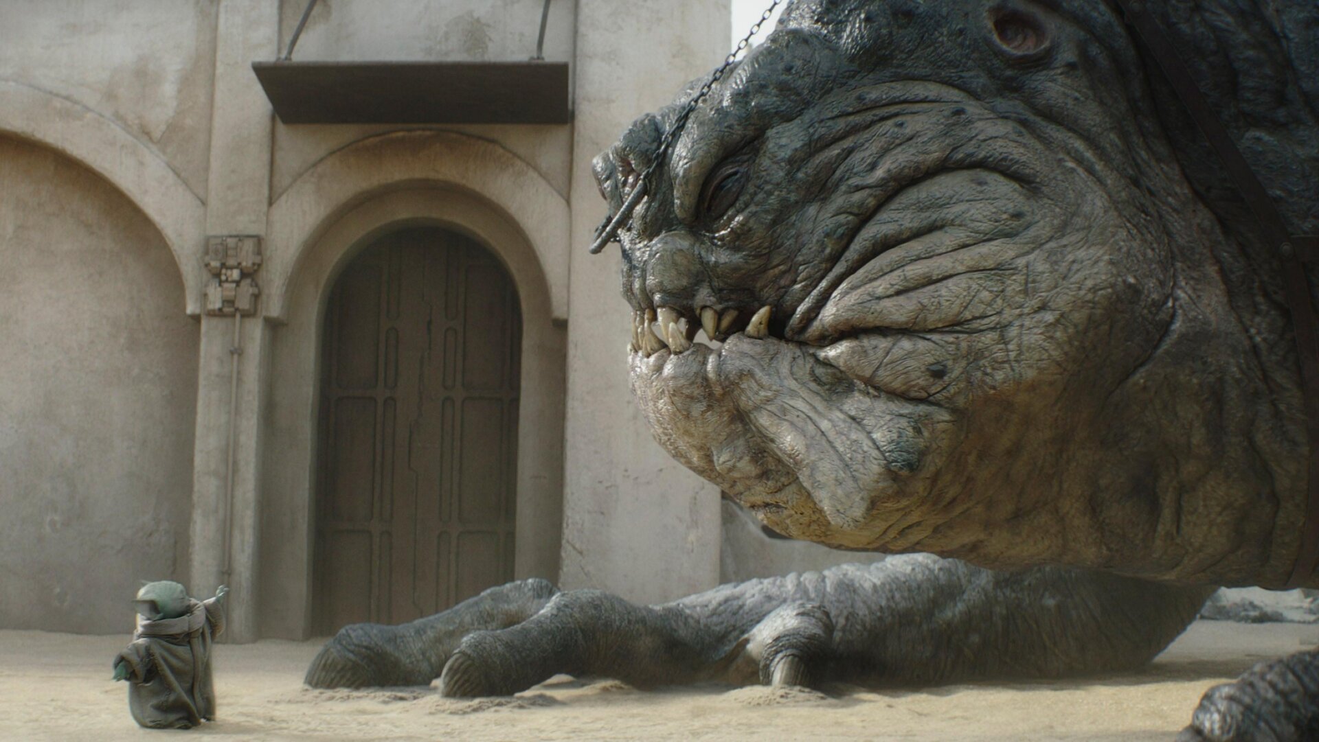 Grogu on The Book of Boba Fett ...with a Rancor.