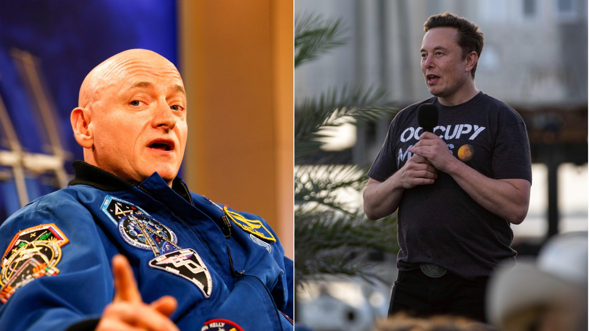 Ex-NASA astronaut Scott Kelly, left, has previously traded barbs with SpaceX CEO Elon Musk, right. Kelly told Musk he needs to allow Starlink to facilitate use of drones since ‘precision strike in defense of sovereignty is not escalatory.”