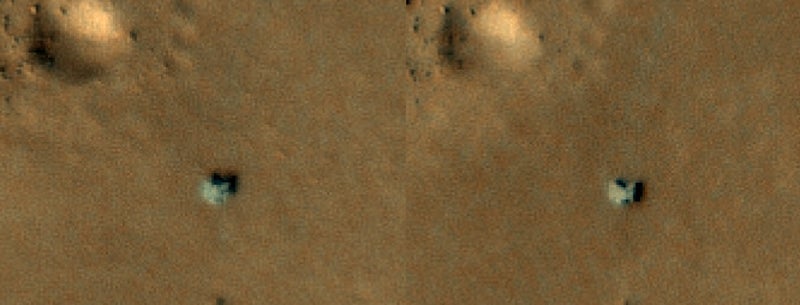 Close-up views of the rover in September 2022 (left) and February 2023 (right). The most recent view of the rover appears a bit lighter, suggestive of dust collecting on its surface. 