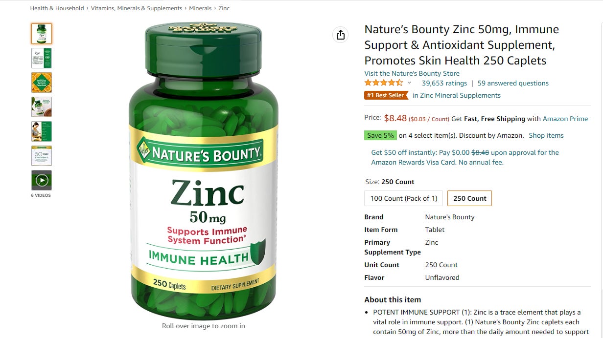 Via ”review hijacking” Bountiful Co. used highly rated, well established products like this with “#1 Best Seller” badges to boost the sale of other, tangentially related supplements.