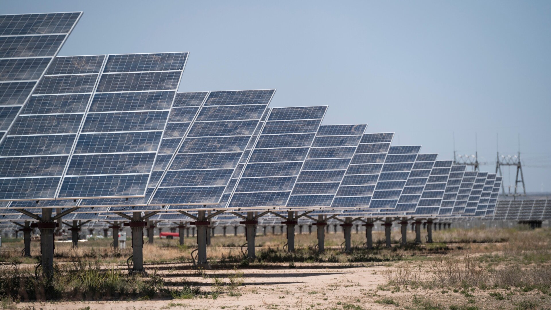 A solar farm produces electricity near Bakersfield, Texas on Saturday, April 10, 2021.