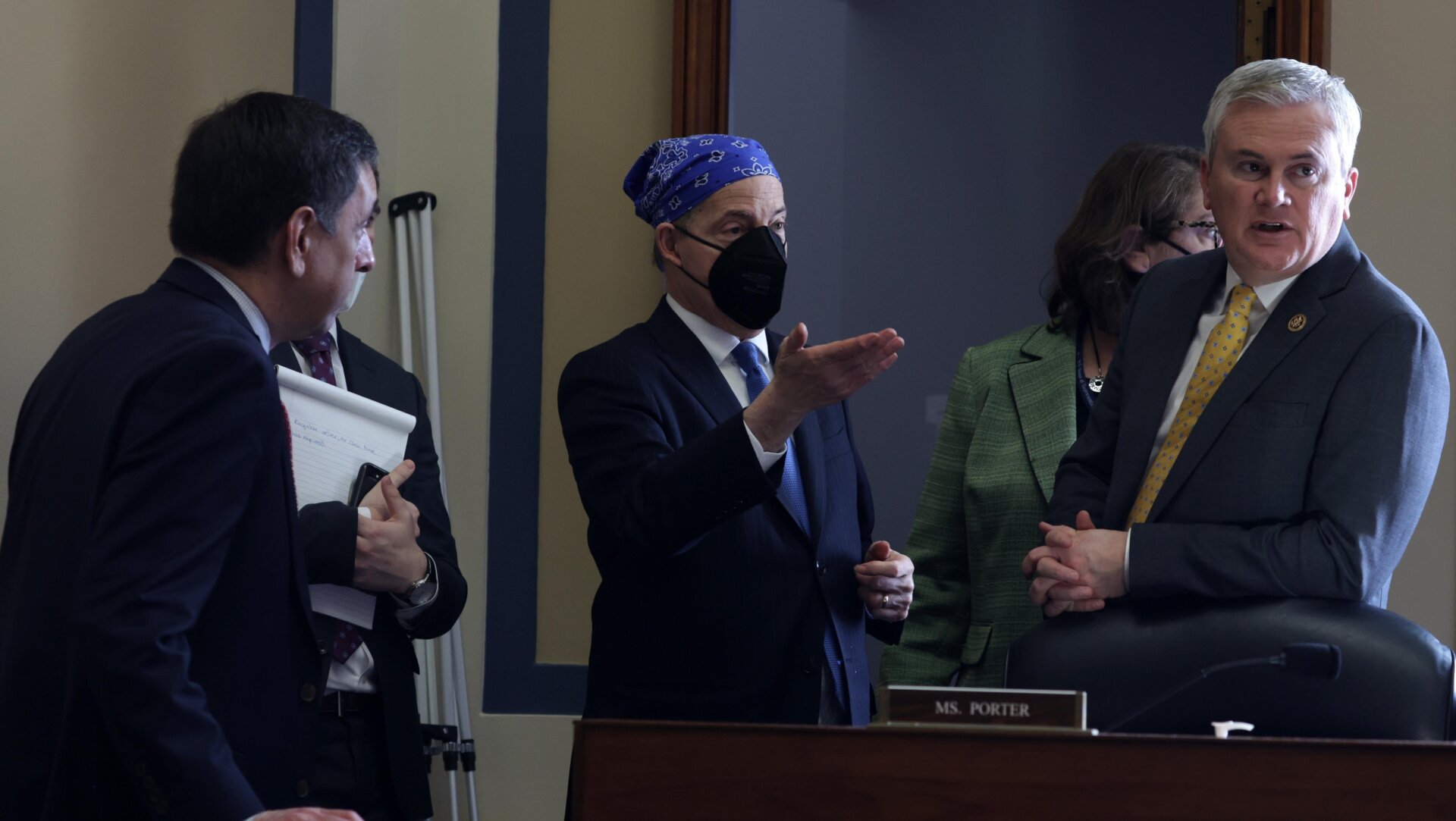 Committee Chairman Rep. James Comer (R-KY) (R) discusses with ranking member Rep. Jamie Raskin (D-MD) (C) about a power outage during a hearing before the House Oversight and Accountability Committee at Rayburn House Office Building on Capitol Hill