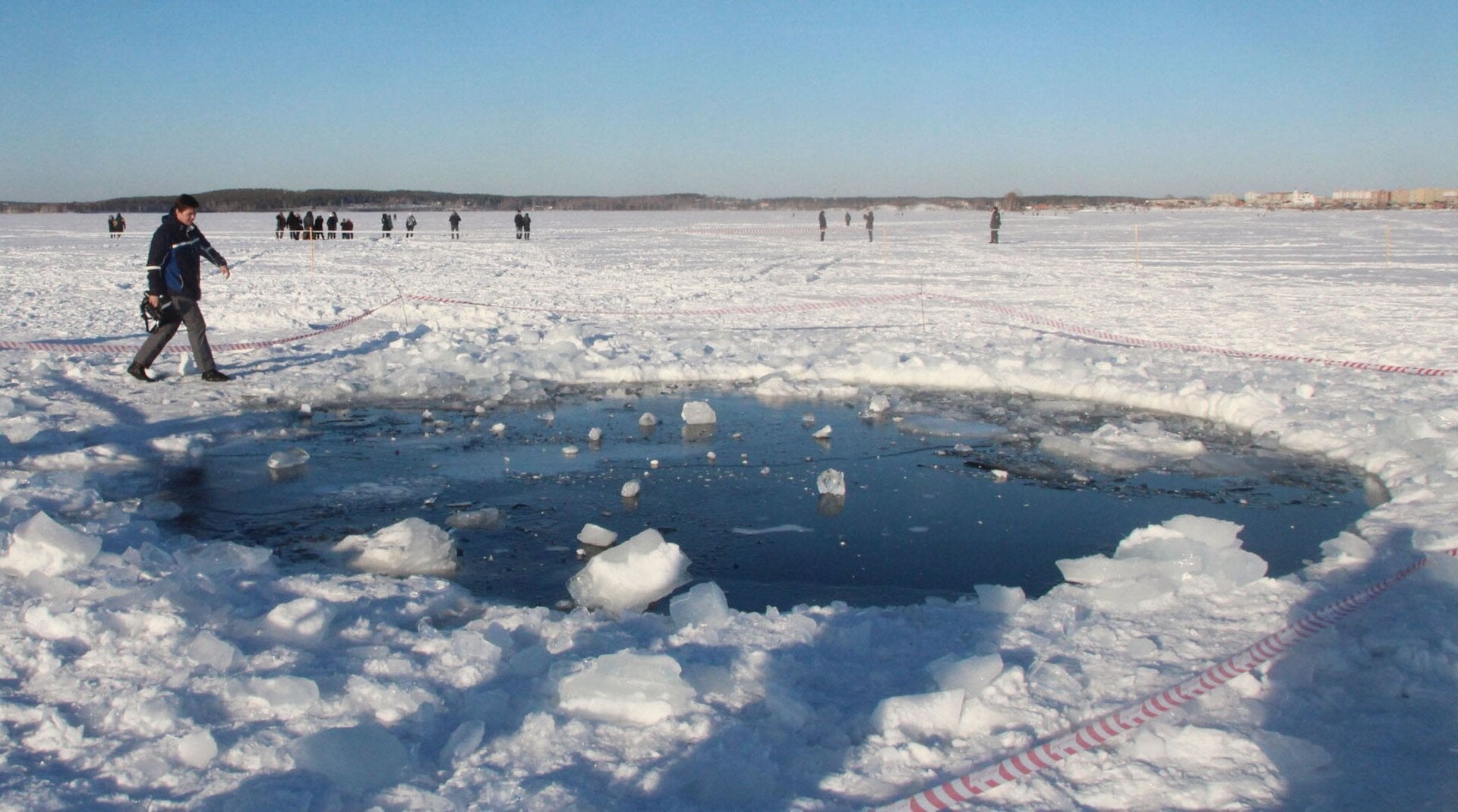 A photo taken on February 16 shows one of the meteorite impact sites. 