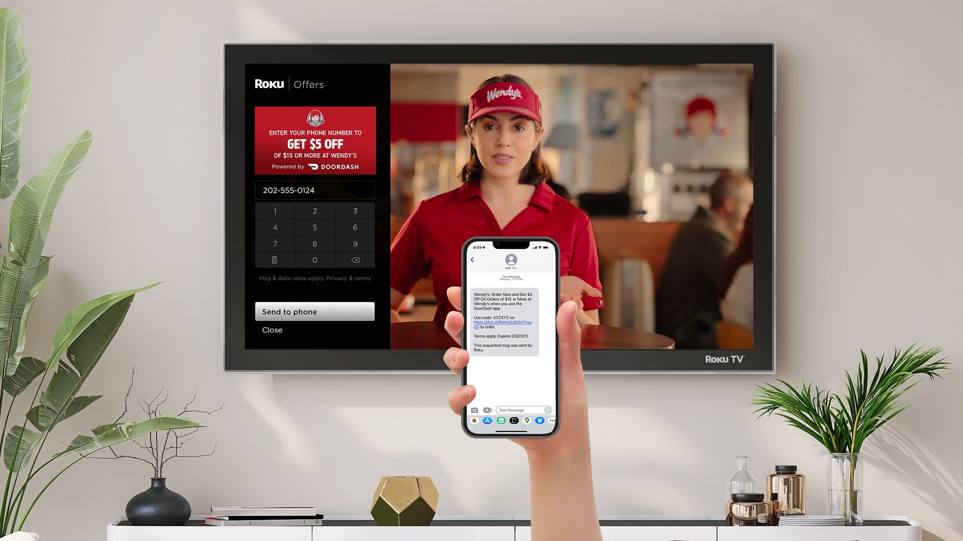 One type of interactive ad coming to Roku devices will prompt customers to enter a phone number in order to receive a promo link for discounted delivery. 