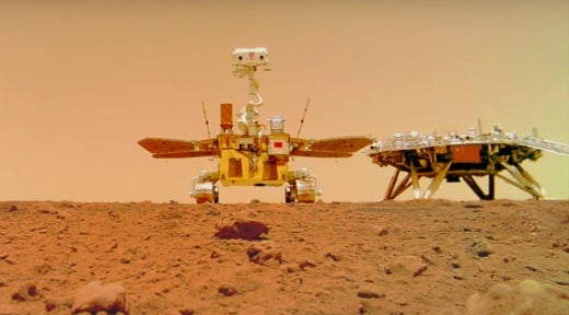 The Zhurong rover and lander shortly after arriving on Mars. The photo was captured by a deployable camera. 