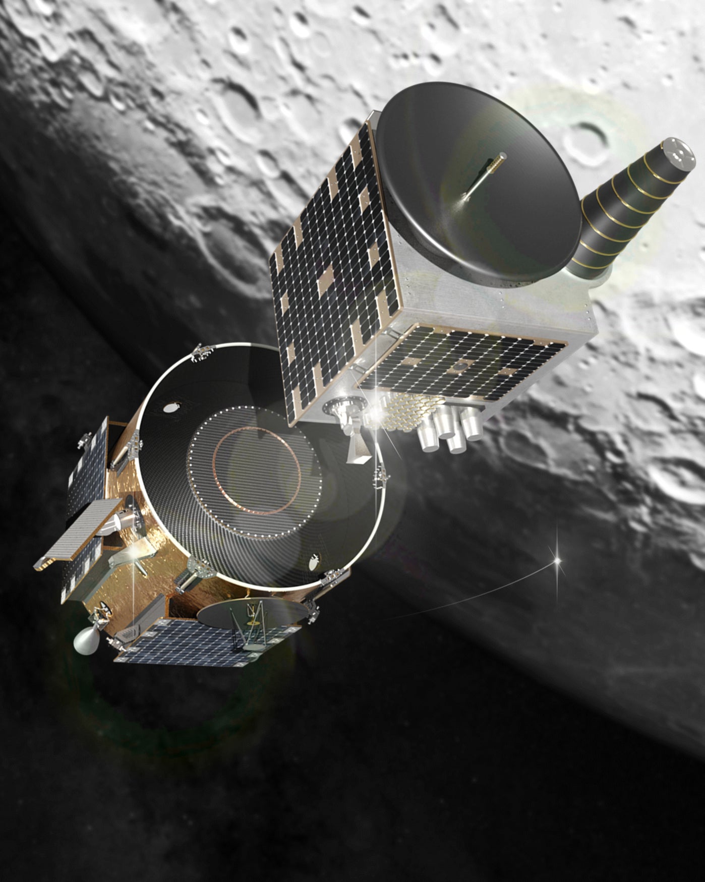 Depiction of Firefly’s Blue Ghost transfer vehicle deploying the European Lunar Pathfinder satellite to lunar orbit.