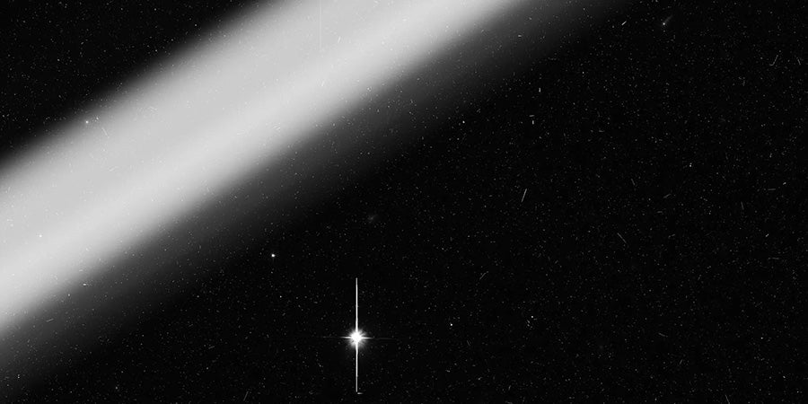 A particularly bad satellite streak appears in this Hubble image. 