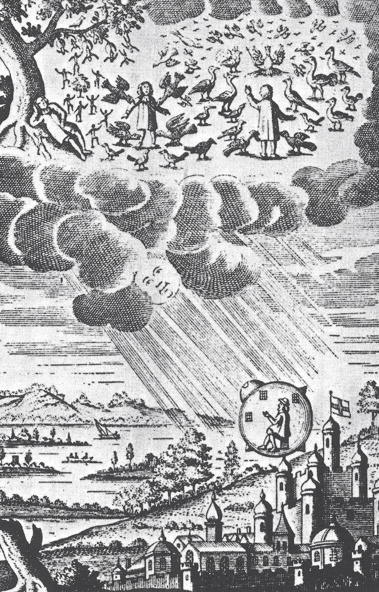 F. H. van Hove’s frontispiece for a 1687 edition of Cyrano de Bergerac’s Comical History of the States and Empires of the Moon.