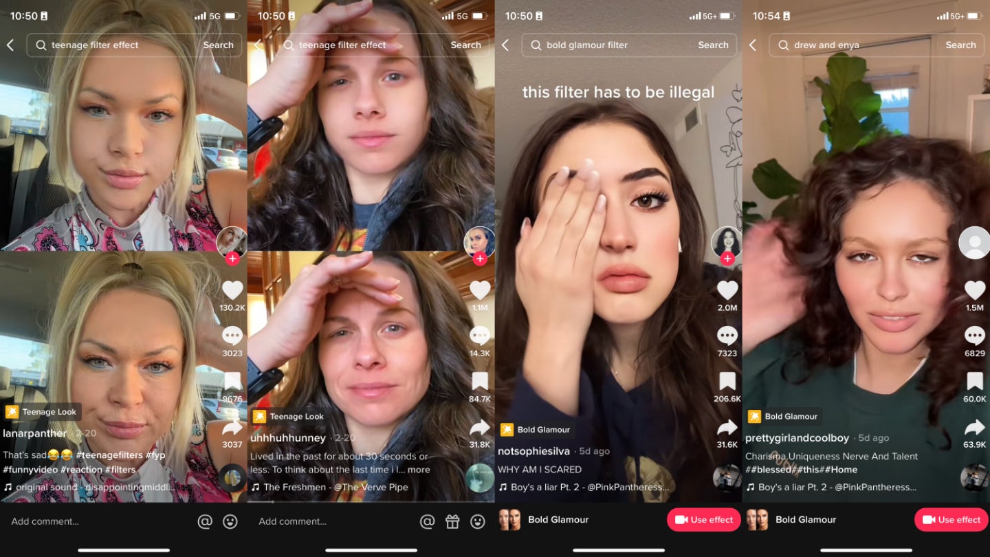 The TikTok filters Teenage Look (left) and Bold Glamour (right) are incredibly effective at working in the wake of obstacles like hands, which cause previous mesh-based filters to glitch.