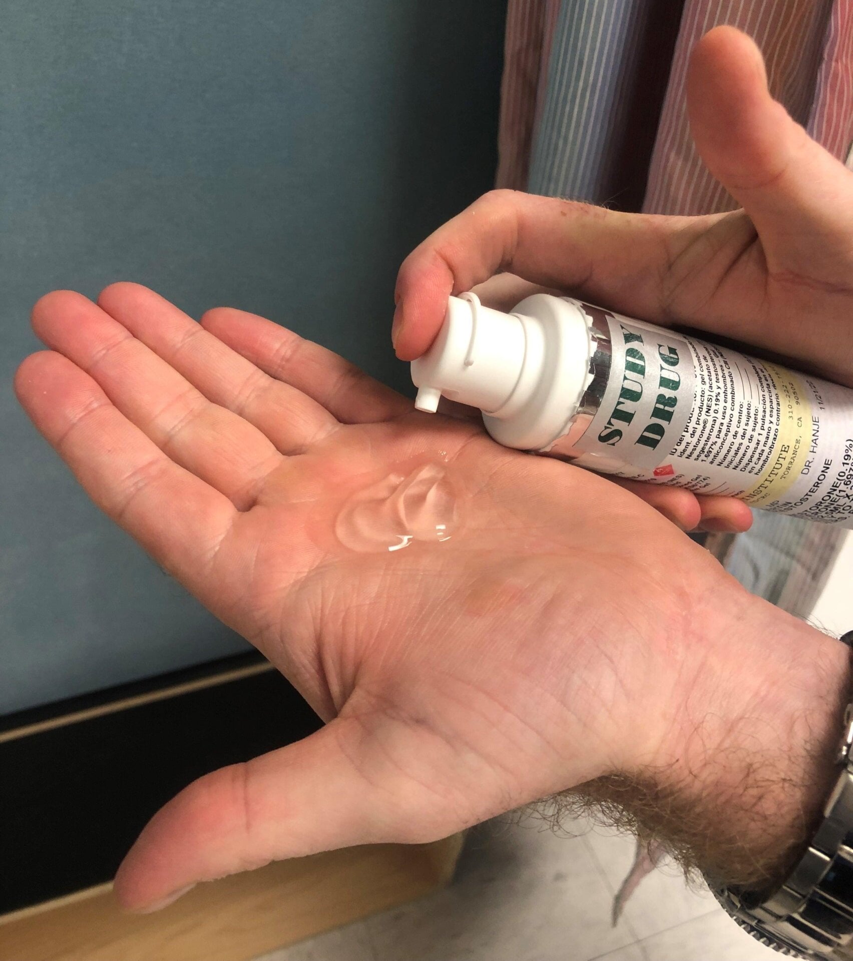 A volunteer using the NES/T gel in a clinical trial.