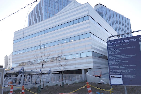 The Ruth Badger Ginsburg Hospital in Brooklyn will have its emergency floor on the second floor. Ambulances can access it via the concrete ramp shown here. 