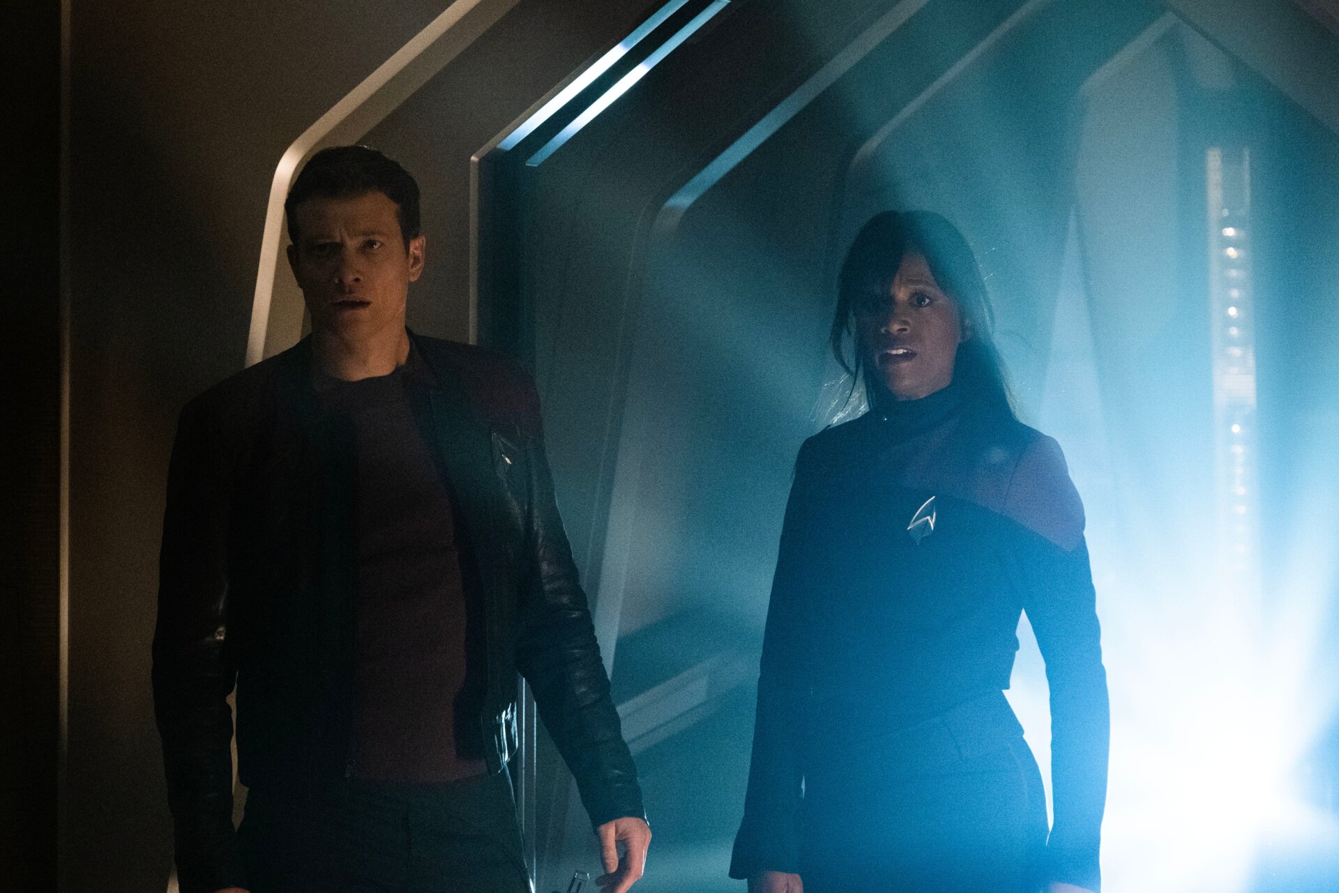 Ed Speleers as Jack Crusher and Ashlei Sharpe Chestnut as Sidney La Forge 