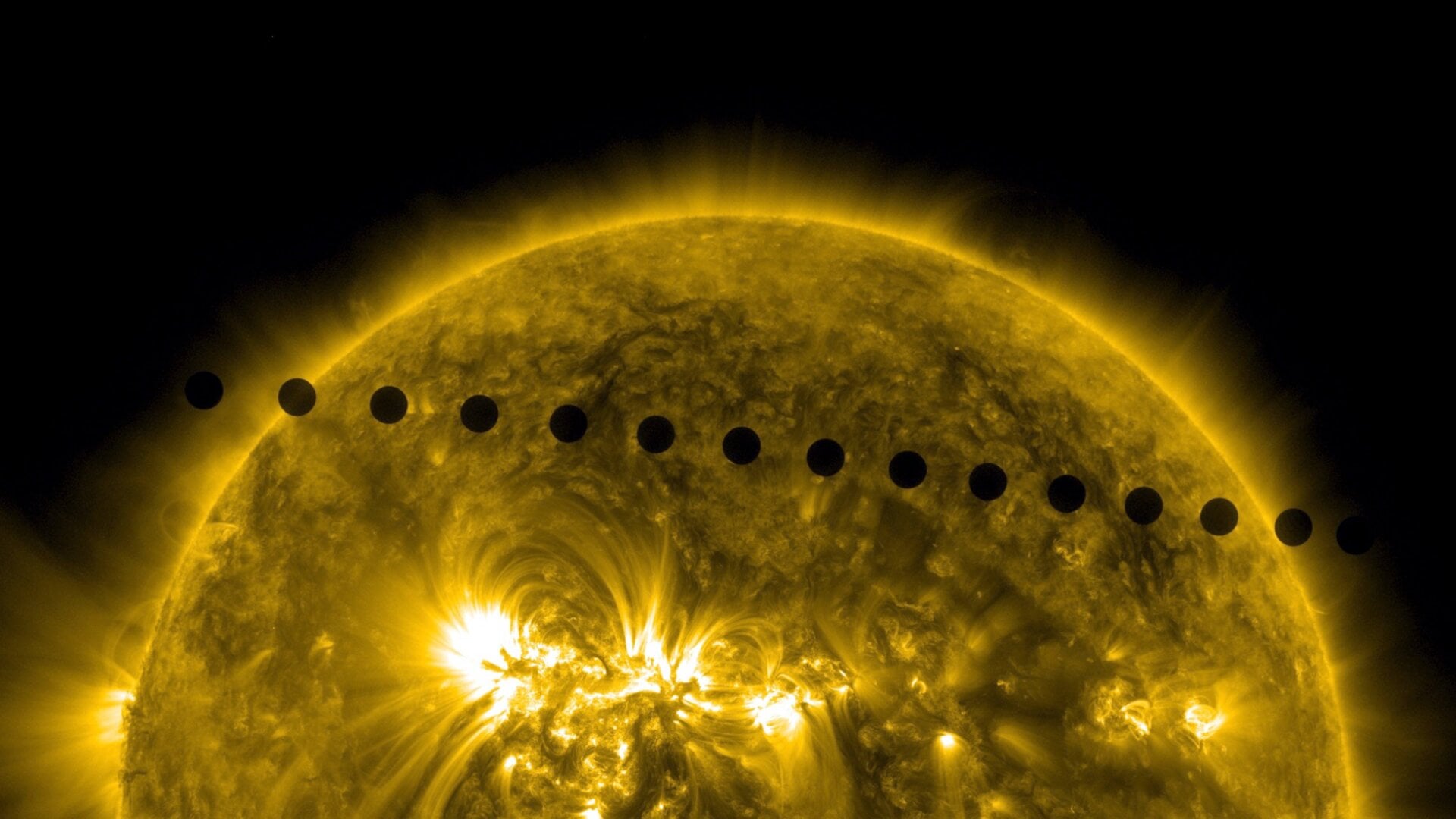 A false color composite image of Venus’s transit, taken by the SDO satellite in June 2012.