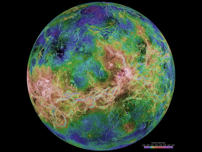 A hemispheric radar image of the Venusian surface, taken using Magellan data.