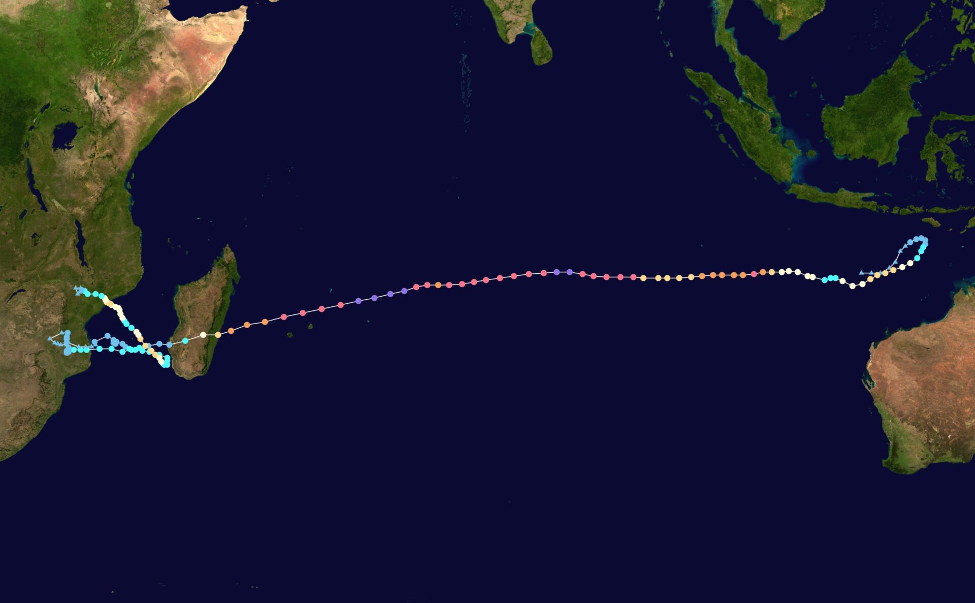 Freddy’s path across the Indian Ocean. 
