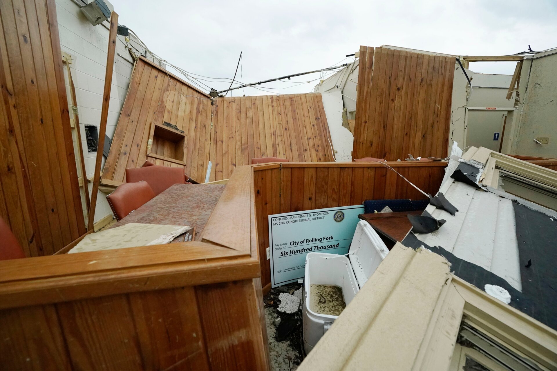 A blown down wall and ripped off roof open a main room to the Rolling Fork City Hall Board Room Annex, on Sunday, March 26, 2023, in Rolling Fork, Mississippi.