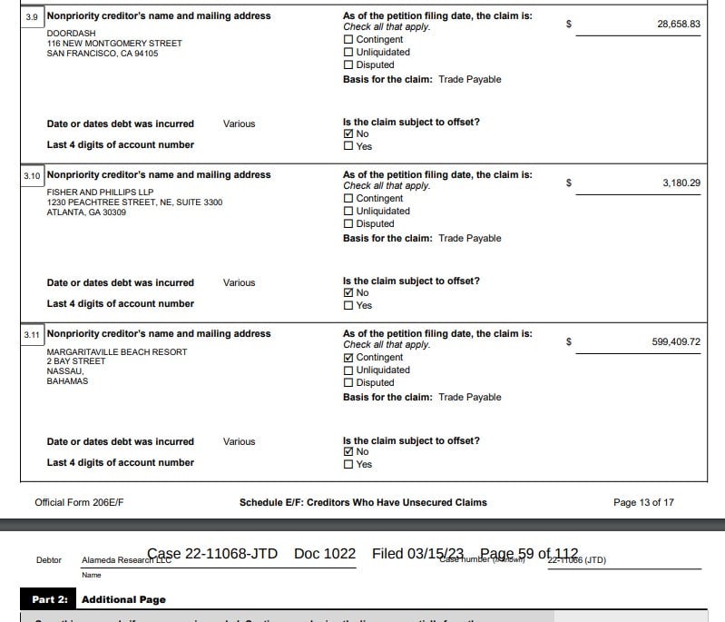 Some of Alameda Research’s recently released financial records show exorbitant spending on DoorDash purchases and at Margaritaville Beach Resort. 
