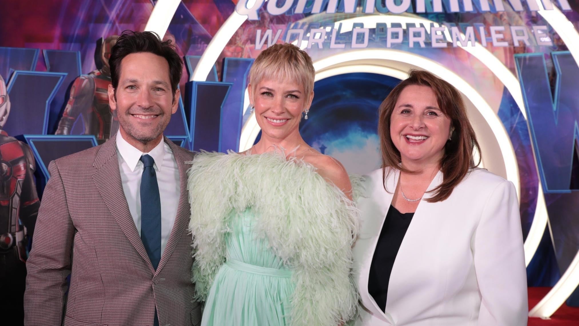 Victoria Alonso, seen here (far right) at the premiere of Ant-Man and the Wasp Quantumania with stars Paul Rudd and Evangeline Lilly, has left Marvel.