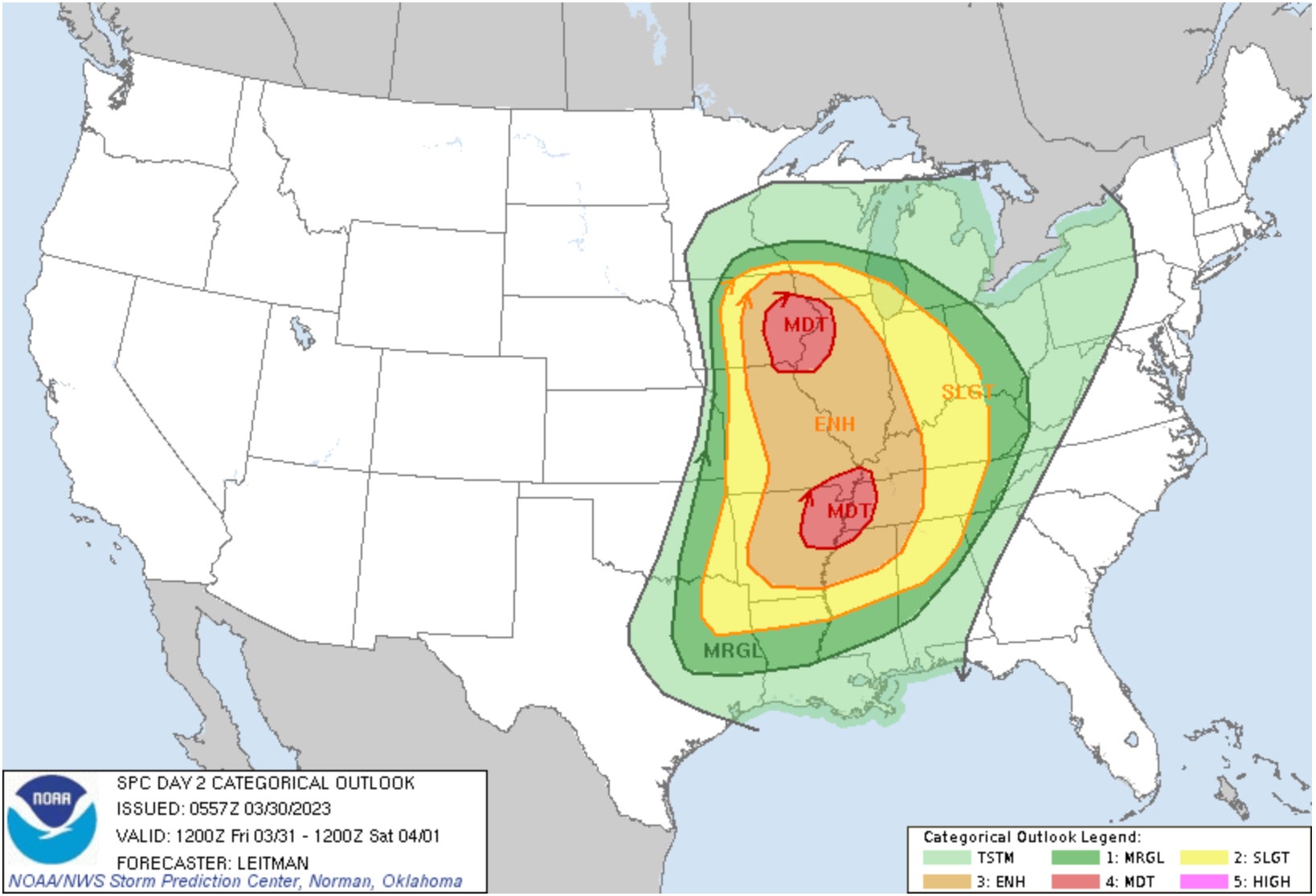 Storm risk for this Friday. Red circles represent moderate risk, orange represents enhanced risk of storms, yellow shows a slight risk of storms, and green shows a marginal risk of storms. 