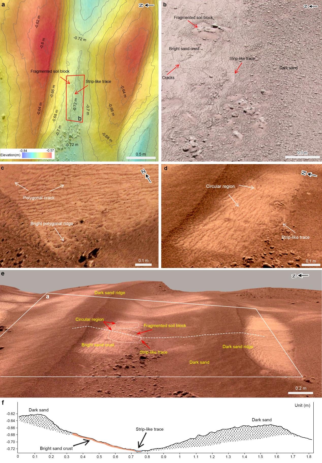 A graphic showing the counter map of the region, and ridges and cracks that suggest previous liquid water presence.