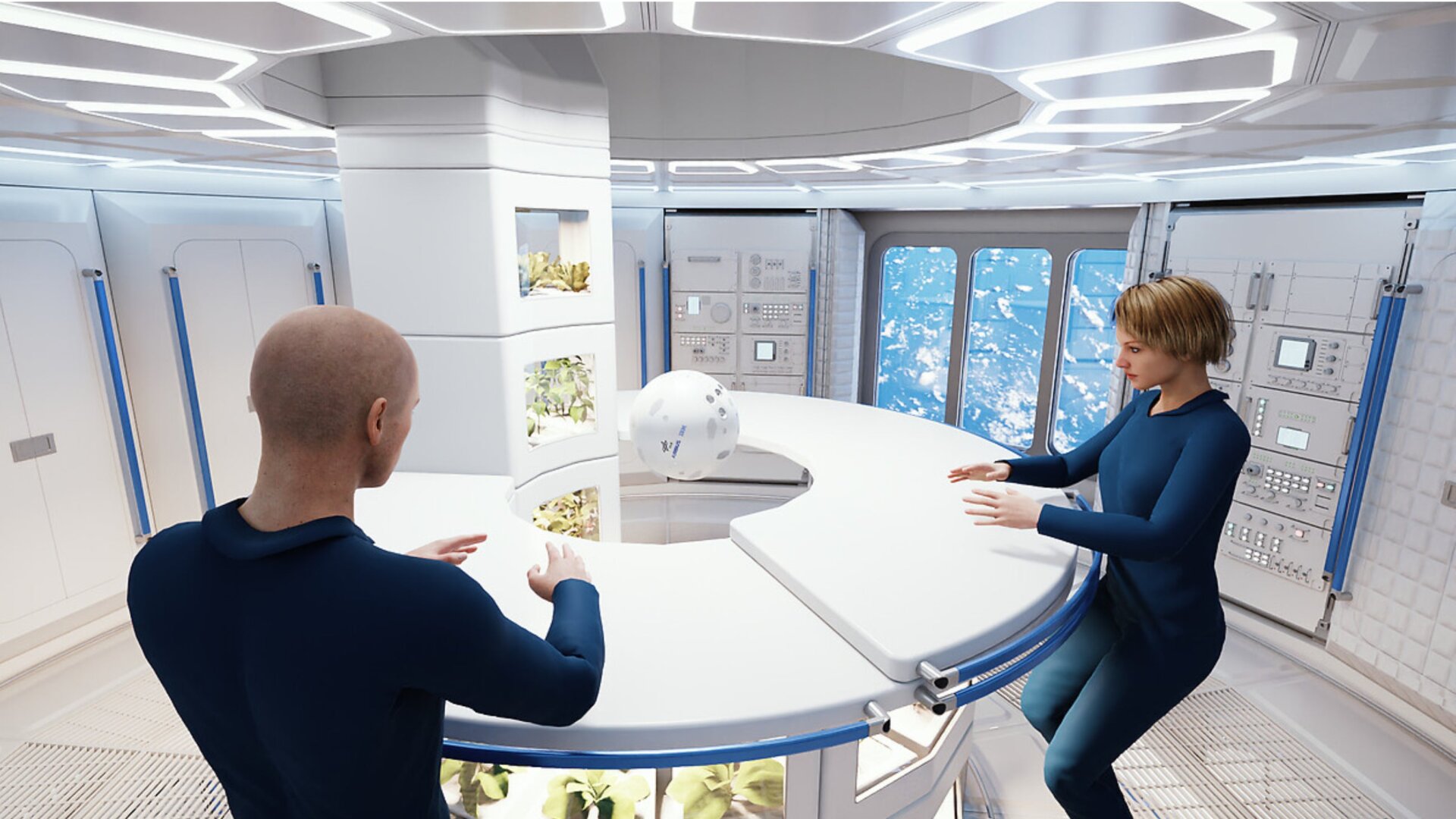 An illustration of two astronauts engaging in an unknown activity on board Airbus Loop. 