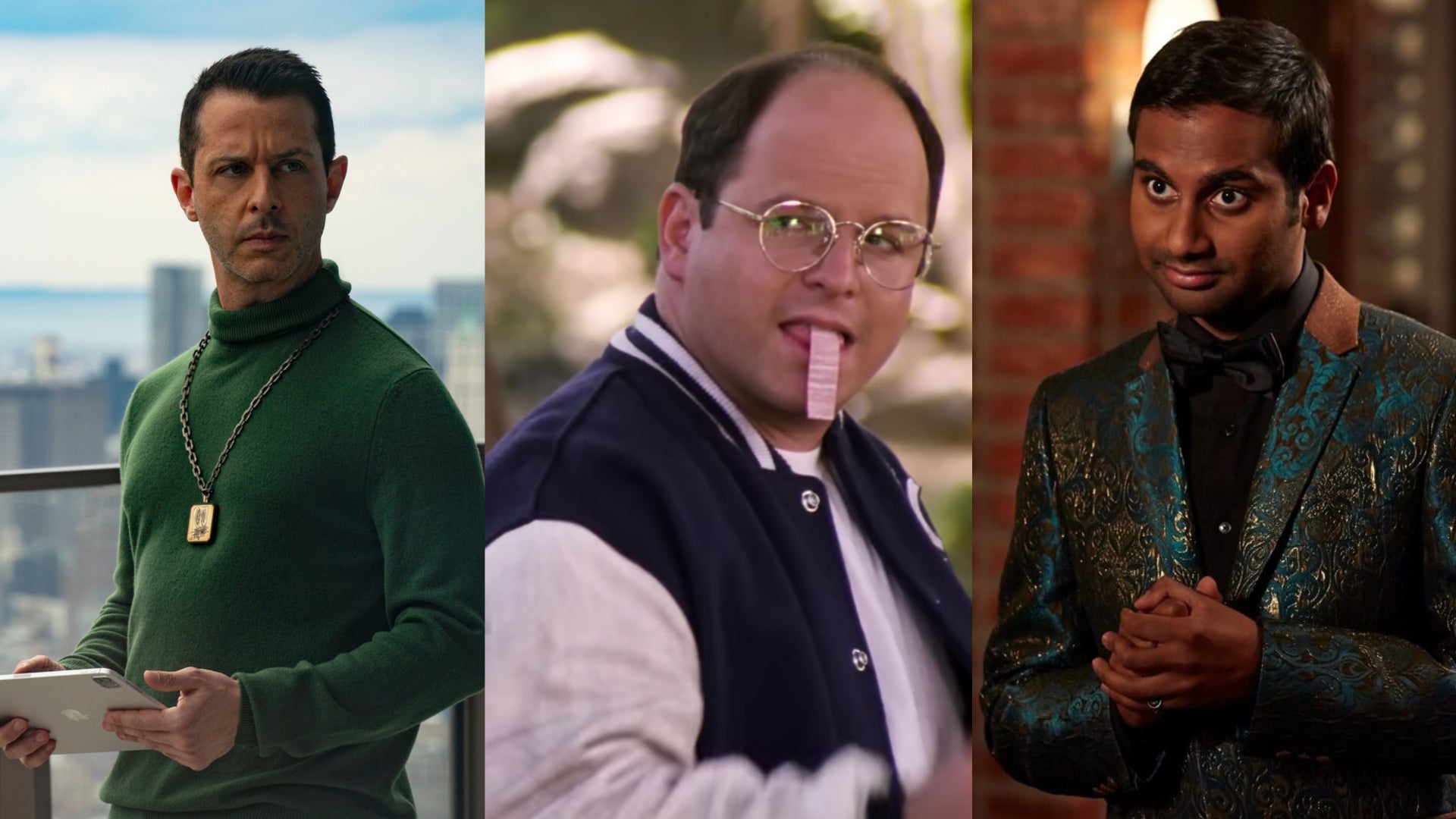 L-R: Kendall Roy from Succession, George Costanza from Seinfeld, and Tom Haverford from Parks & Rec