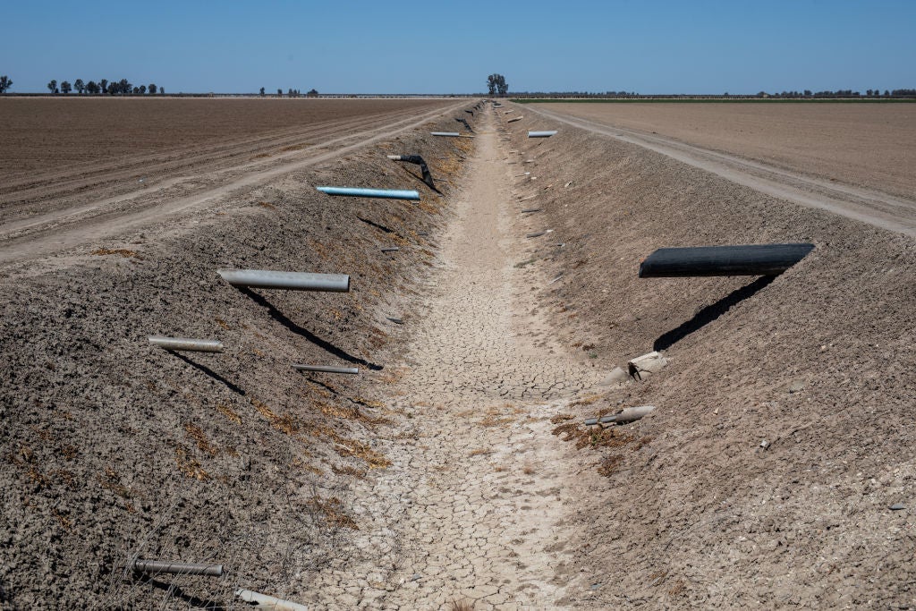 A completely dry agricultural flow, exposing the pipes where the pastures should be irrigated on April 15, 2023 in Jerez de la Frontera, Spain.