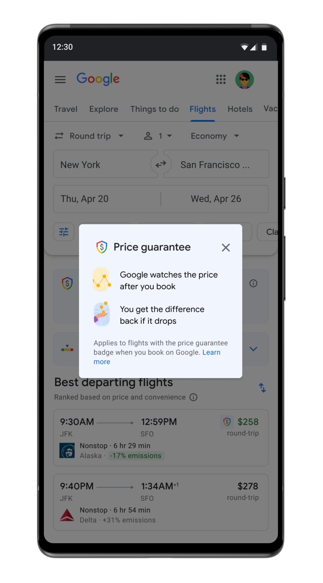 Google’s price guarantee is coming to certain flights departing the U.S. in a pilot program for all U.S. users. 