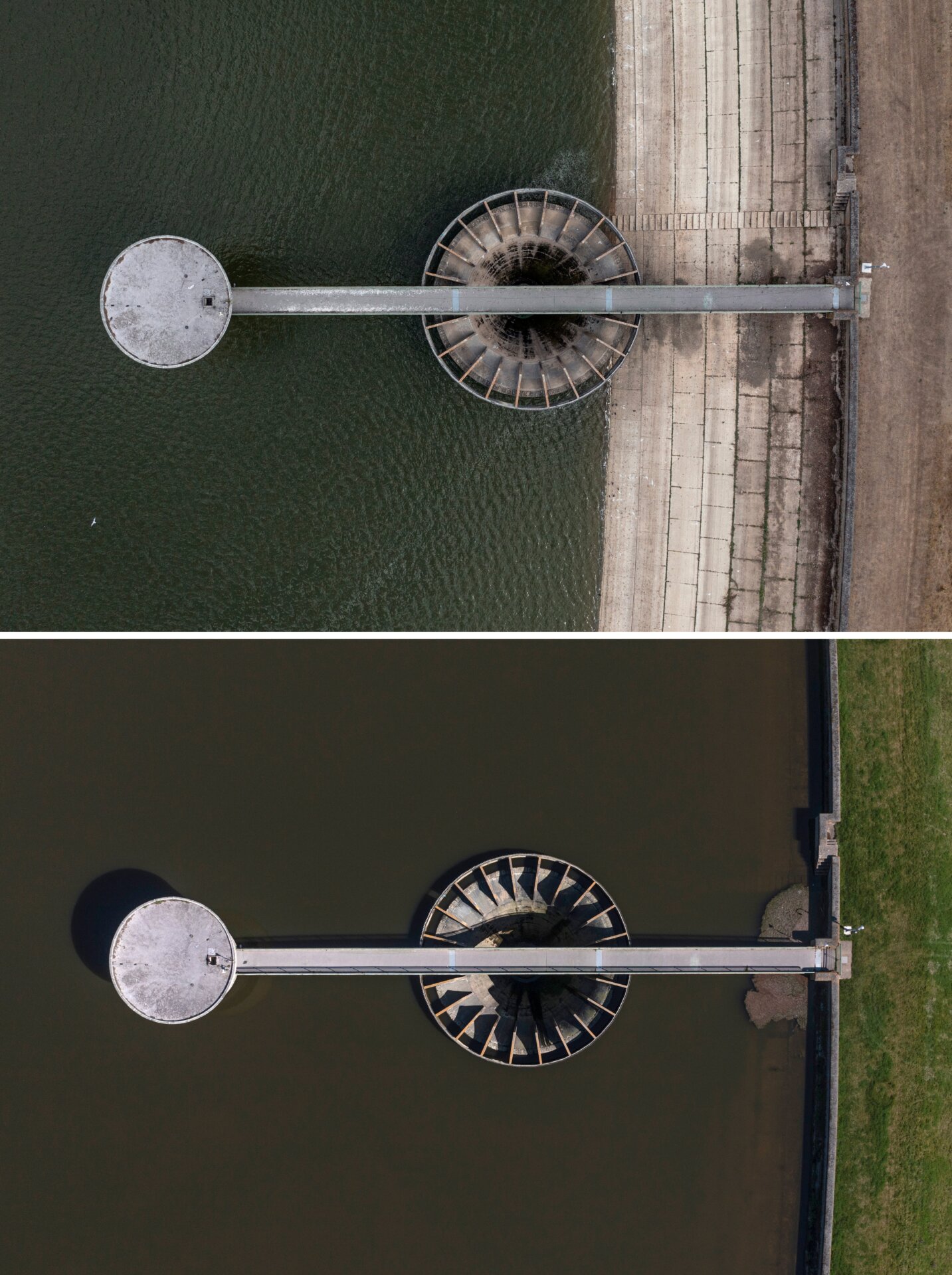 An aerial view of Bough Beech Reservoir in August 2022 versus April 2023. 
