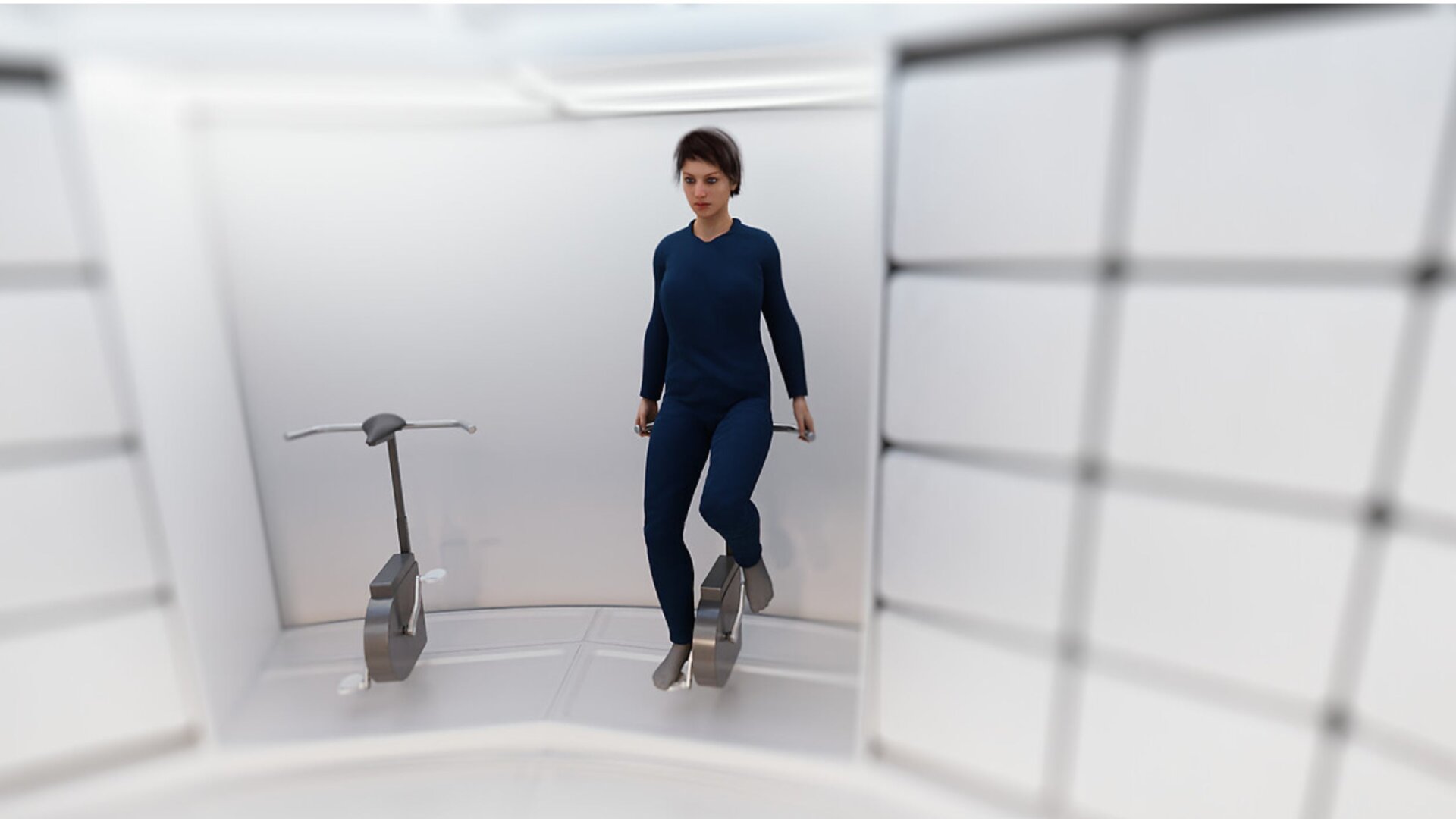 An astronaut exercises on board the orbital module. 