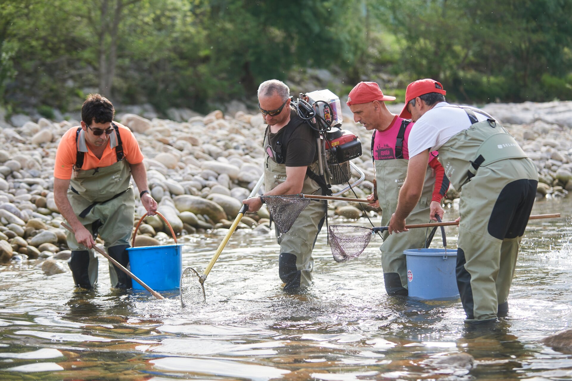 Nature workers during the transfer and rescue of fish in the Pas river, one of those affected by the drought, on April 28, 2023, in Corvera de Toranzo, Cantabria (Spain).