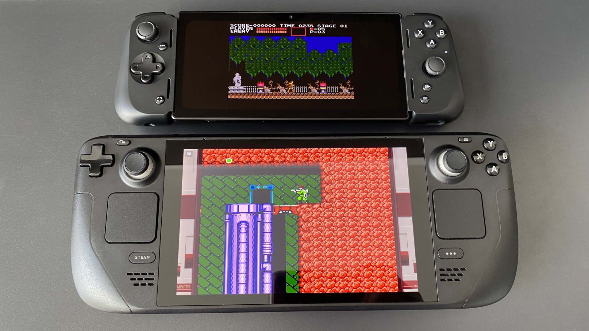 A Razer Edge (top) compared to a Steam Deck.