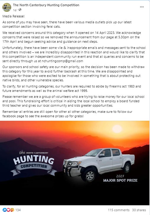 People were so incensed by the plan to have kids hunt feral cats, they reportedly sent threatening messages to an elementary school.