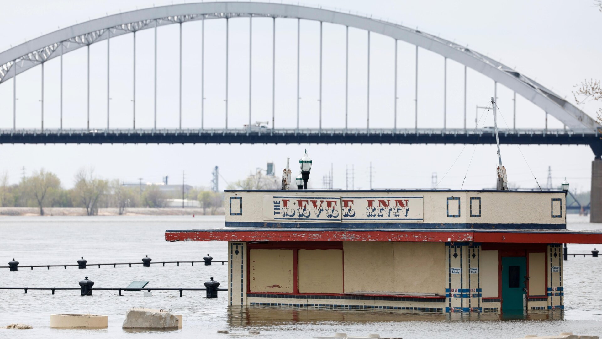 The Levee Inn is partially submerged by the rising Mississippi River, Monday, April 24, 2023, Davenport, Iowa.