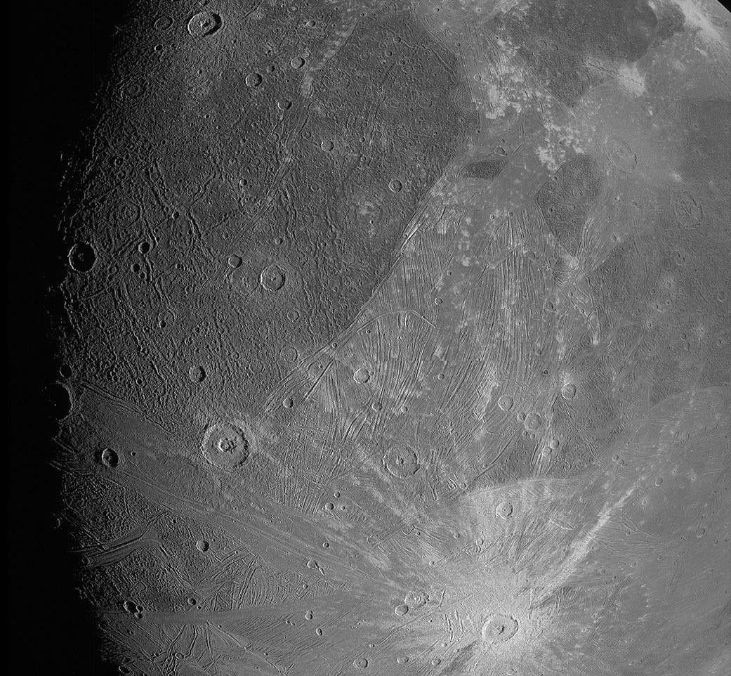 A view of Ganymede, as imaged by the Juno probe. 