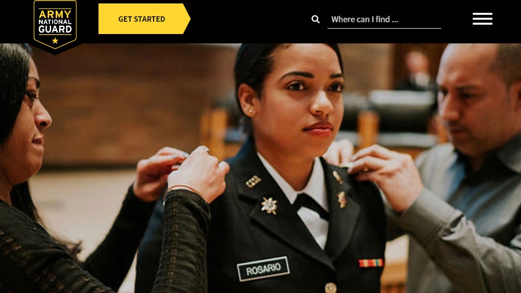 The header image of the Army National Guard’s “FAQs For Parents” page. The list of questions includes: “how do I know that my child is mature enough to enlist?” The answer: “No matter what stage of emotional development your child is in when they enter the Guard, they will soon be stronger, more confident and more capable.”