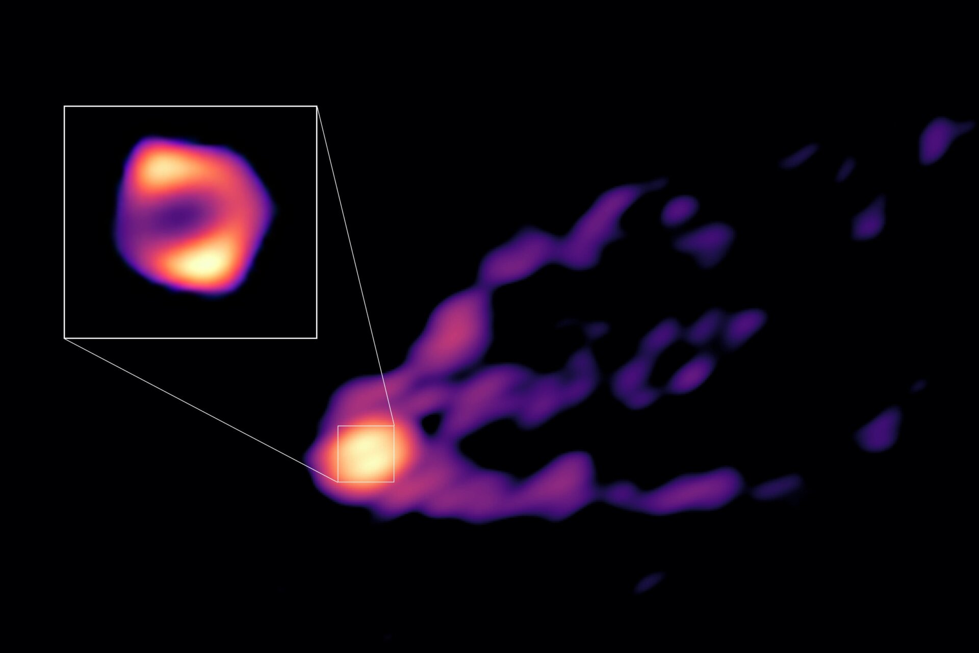 The new image, showing the shadow (inset) and jet of the M87 black hole.