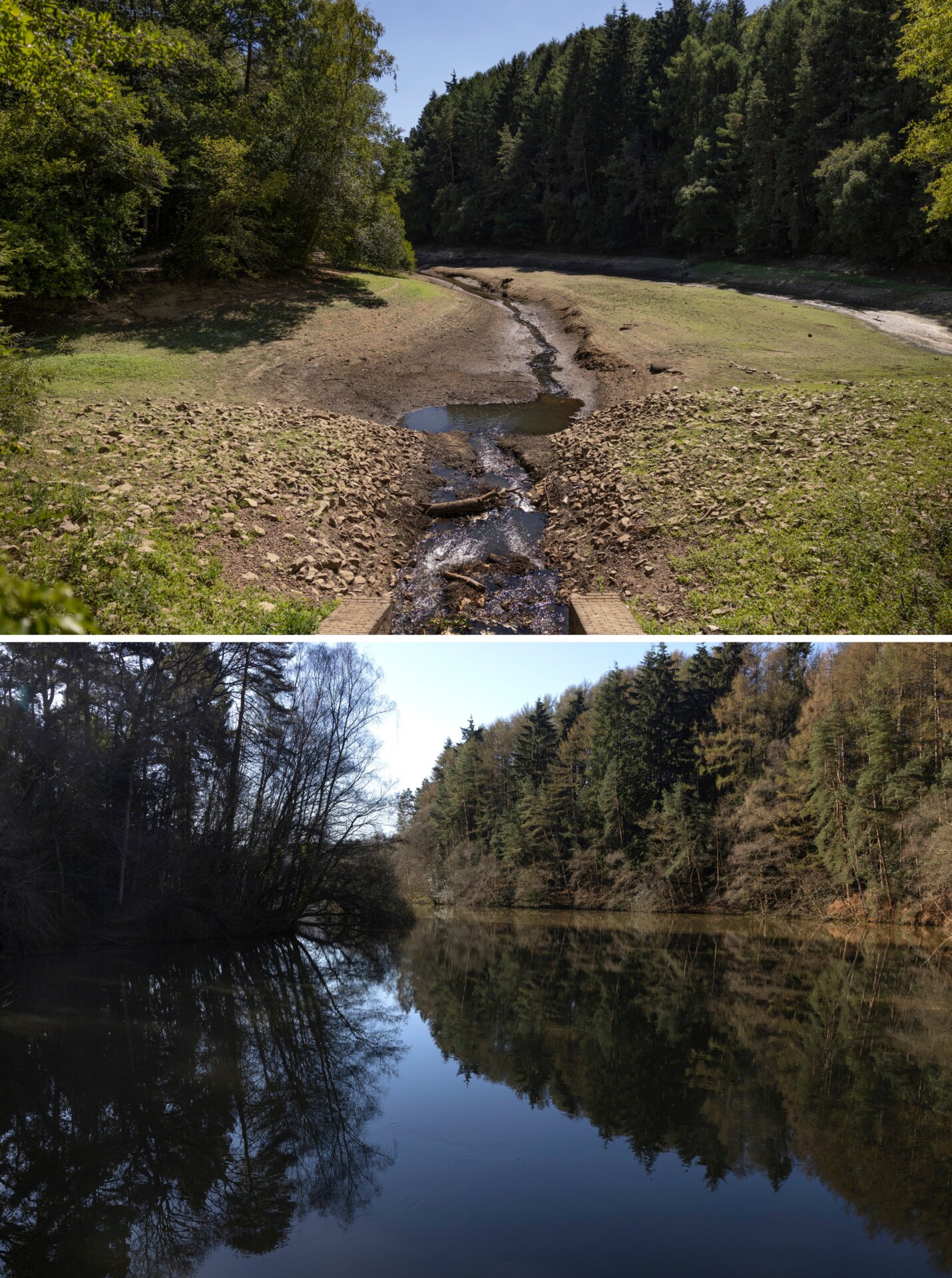 Ardingly Reservoir in West Sussex in August 2022 versus April 2023.