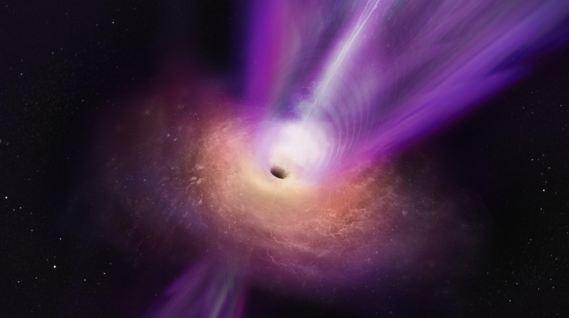 An artist’s illustration of the black hole at the heart of M87 spewing forth a massive jet.