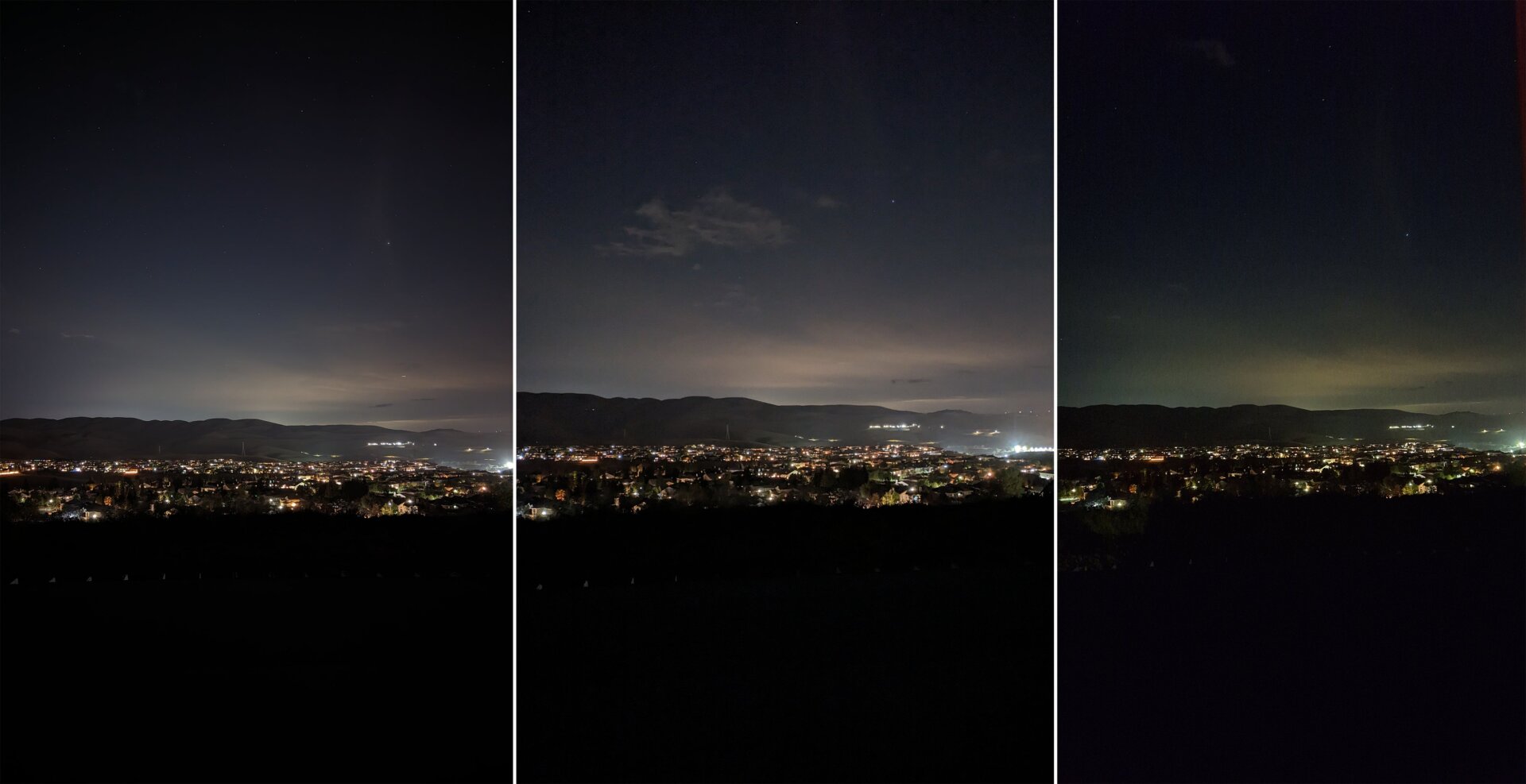 From left to right: Pixel 7, Pixel 7a, Galaxy A54. 