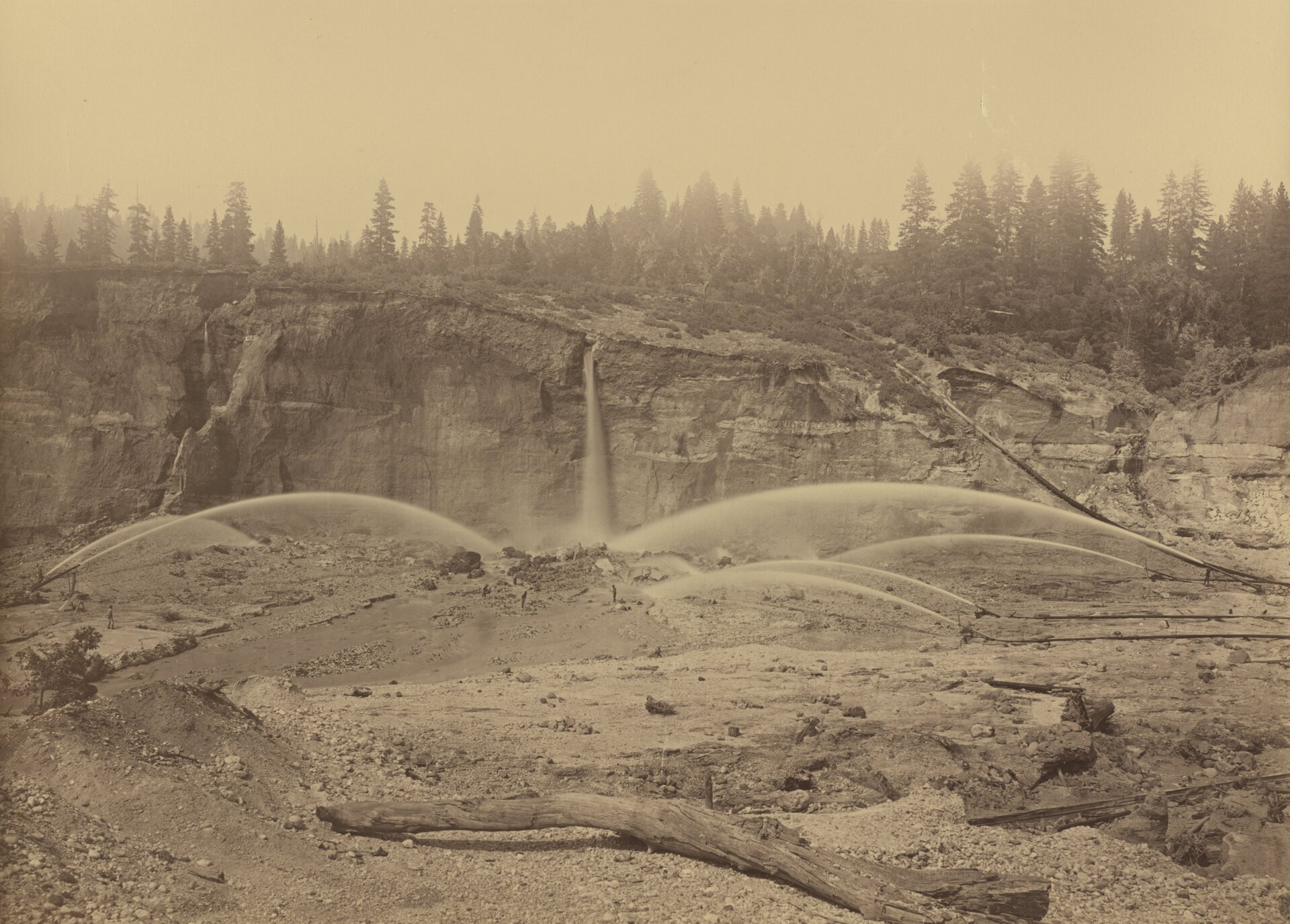 Placer mining began in the vicinity of Malakoff Diggins in the early 1850s during the height of the Gold Rush, but the operation didn’t peak until the 1870s. Several water cannons, or monitors, were operated to wash away the hillside into a series of mercury-coated sluice boxes and drainage tunnels.