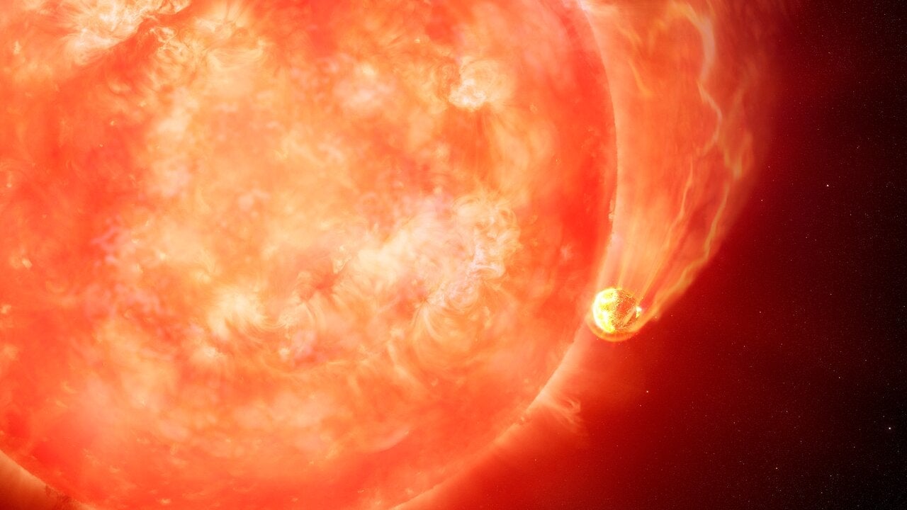 An illustration of the dying star consuming a planet orbiting it.