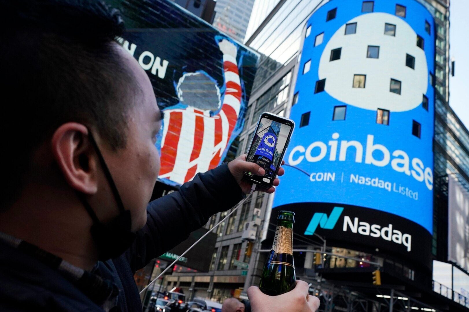 The Coinbase logo in Times Square