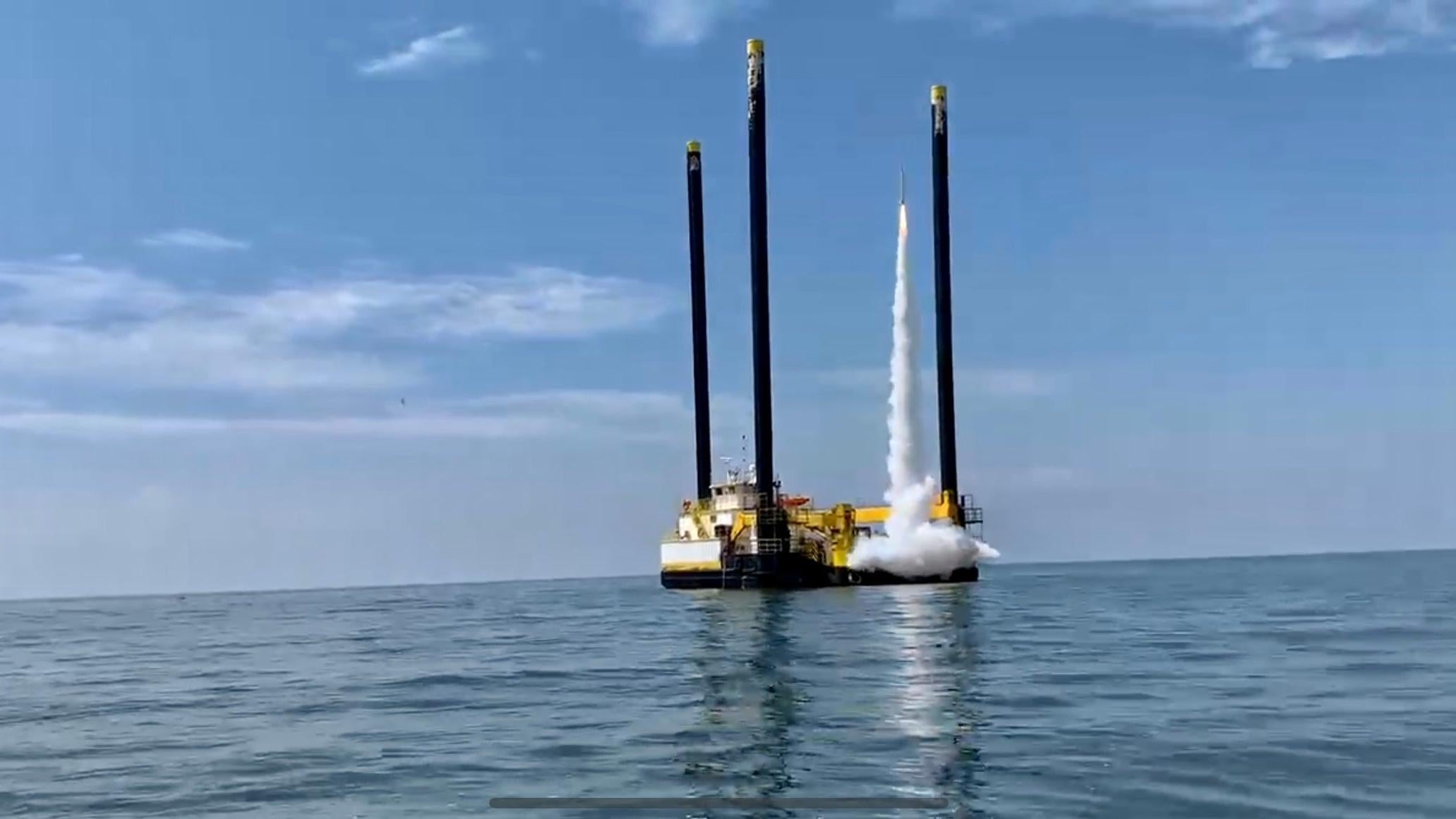 A rocket launched from a platform floating in the water in the Gulf of Mexico on May 22, 2023.