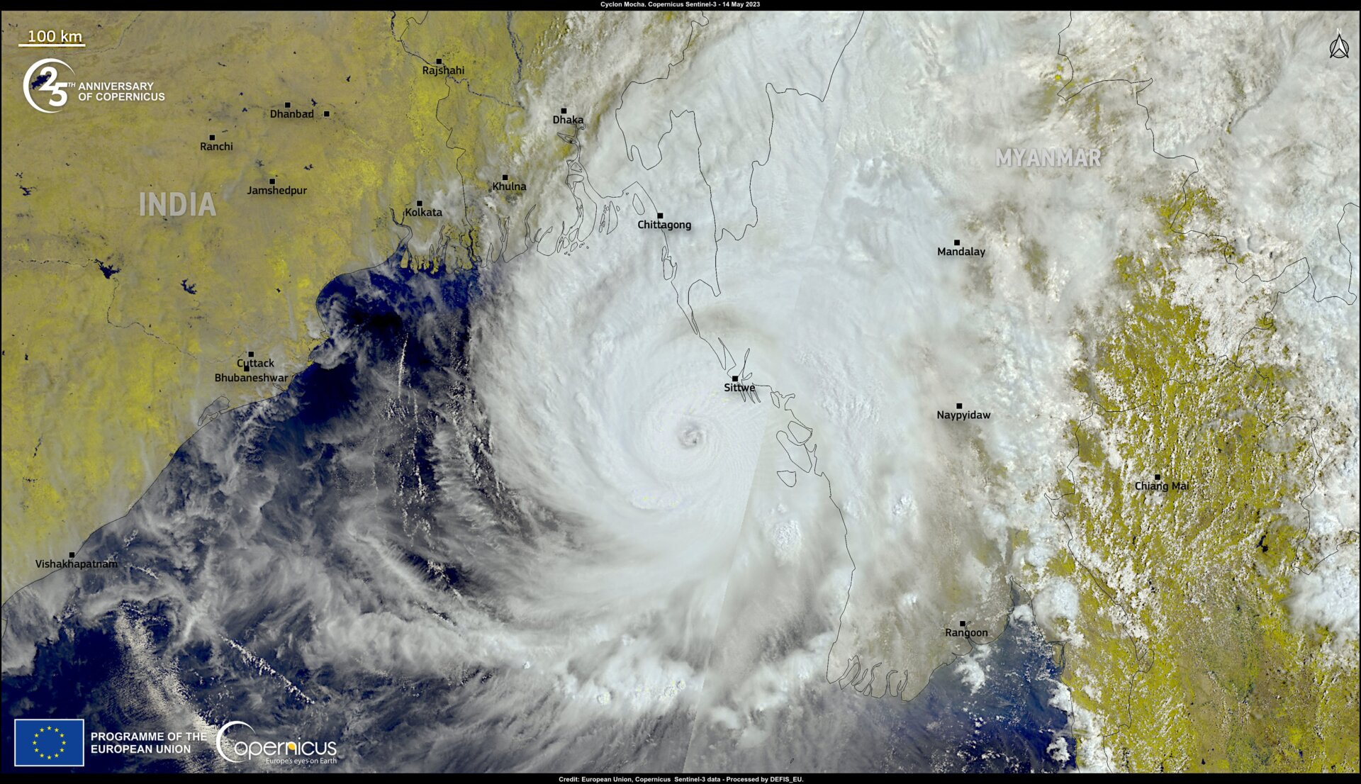 A satellite image captured on May 14, right before Mocha made landfall. 