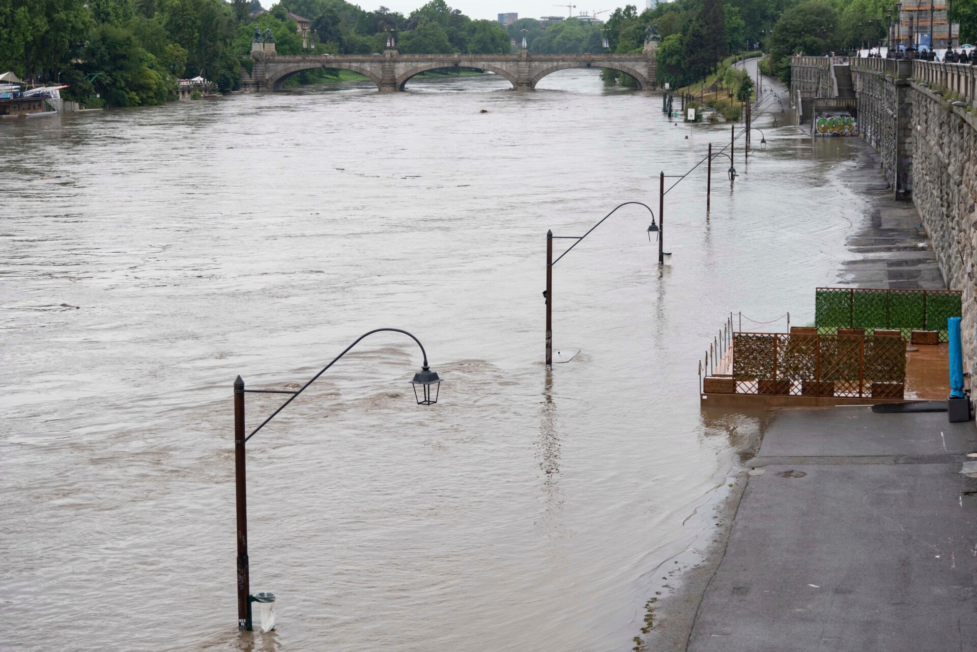 Rivers swelled and breached their banks across Northeastern Italy as a result of the intense rains. In Turin, Italy, the Po River is shown overflowing on May 21. 