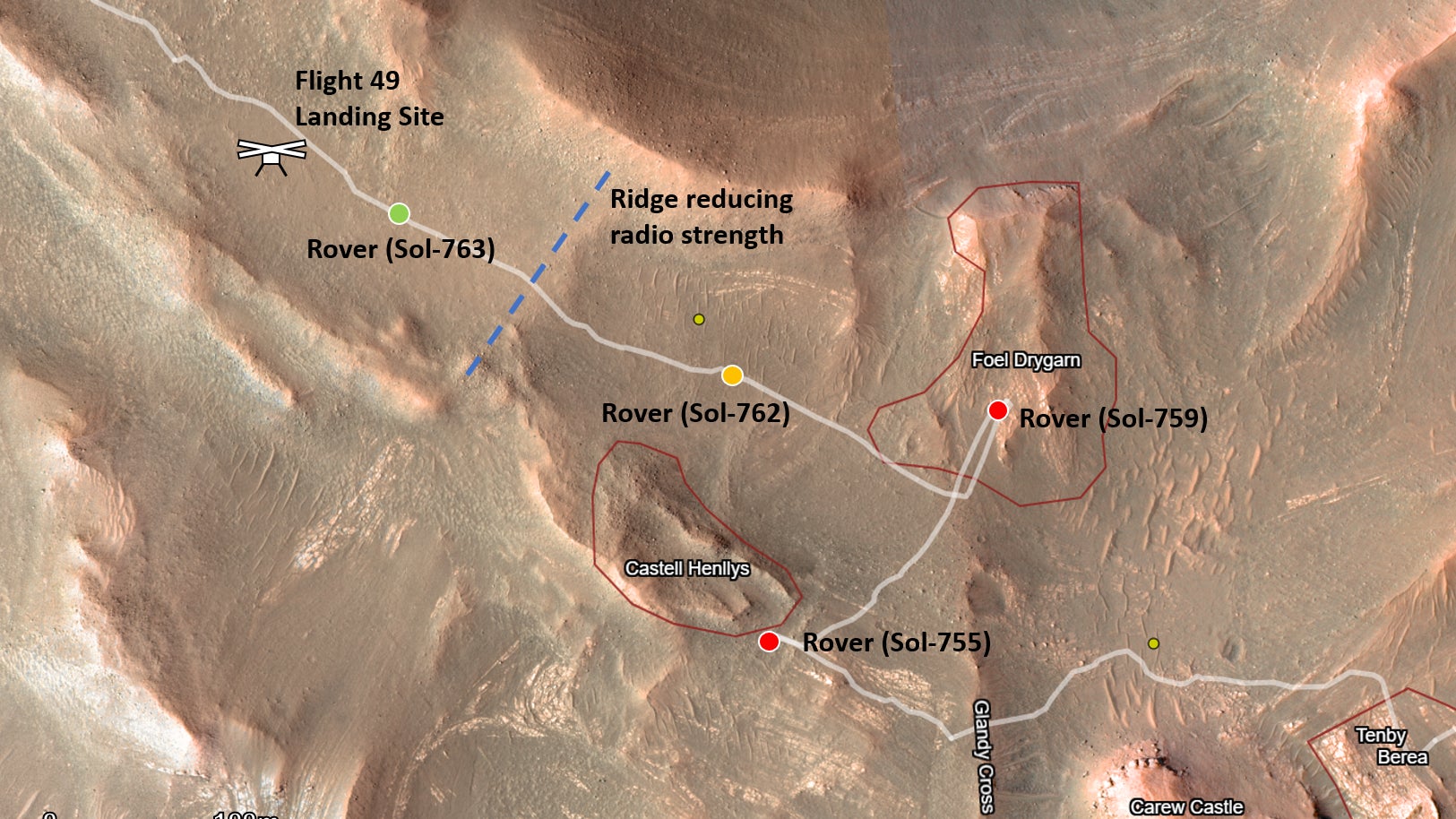 A graphic showing Ingenuity’s location and Perseverance’s path close to the uncommunicative rotorcraft.